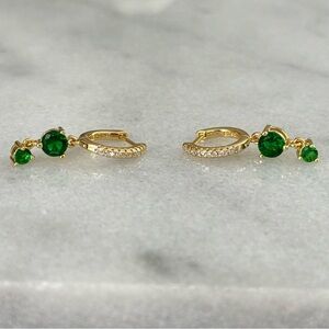 NEW STOCK Gold Green Crystal Pave Dangle Huggie Hoop Earrings